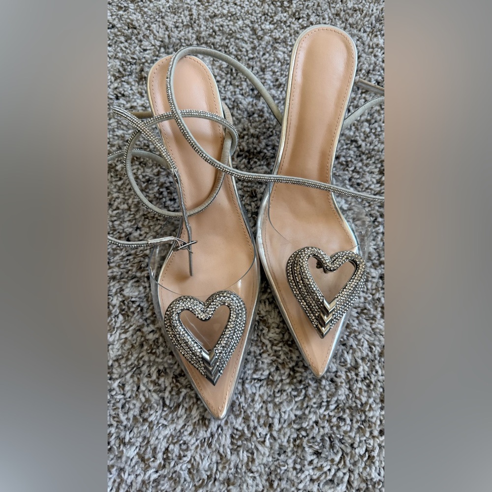 Silver Pointed Toe Slingback Heels with Crystal Heart
